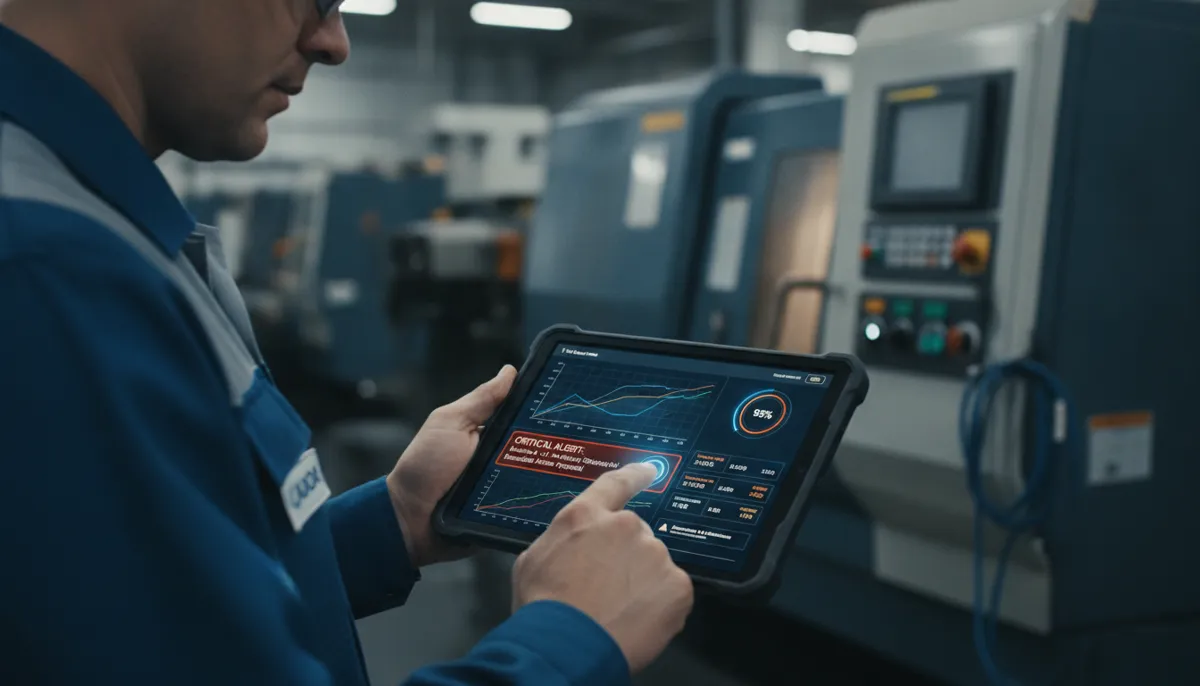 CNC tool condition monitoring dashboard showing a tool wear alert