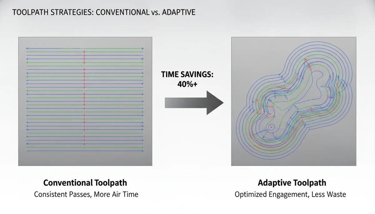 CNC toolpath types comparison adaptive clearing vs conventional milling strategy