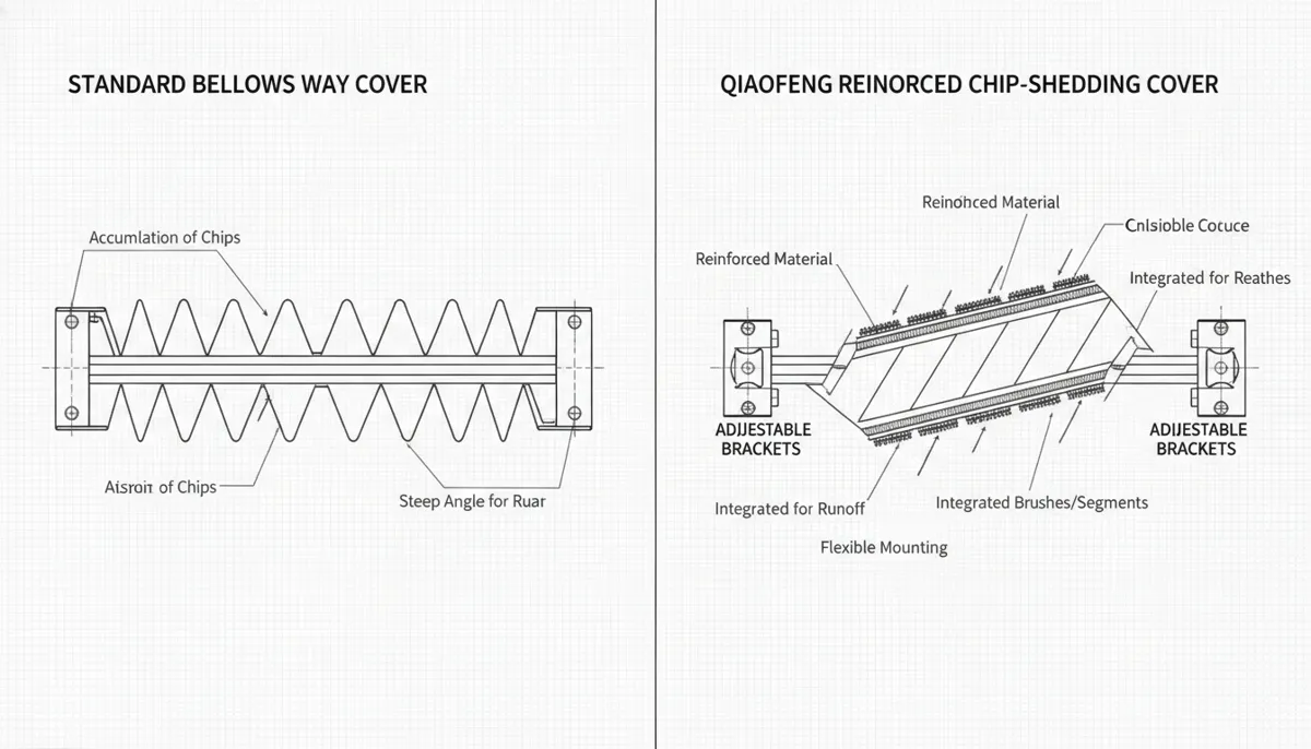 CNC way cover alarm diagnosis showing reinforced cover with chip-shedding features