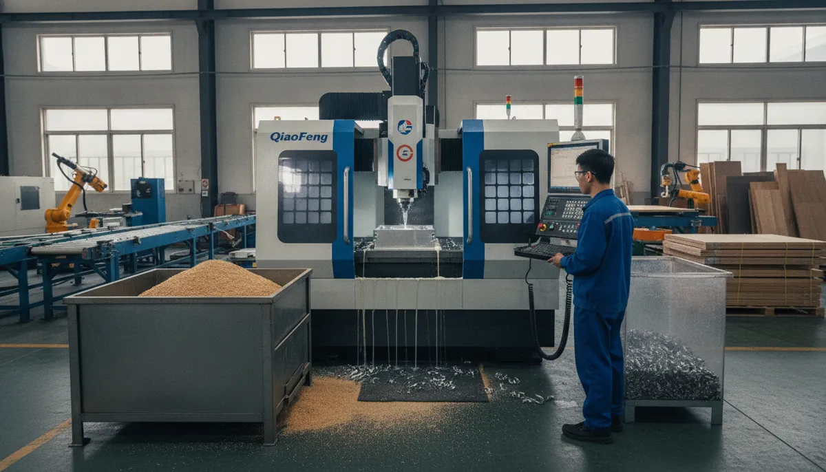 QiaoFeng hybrid CNC machine processing aluminum in a factory setting