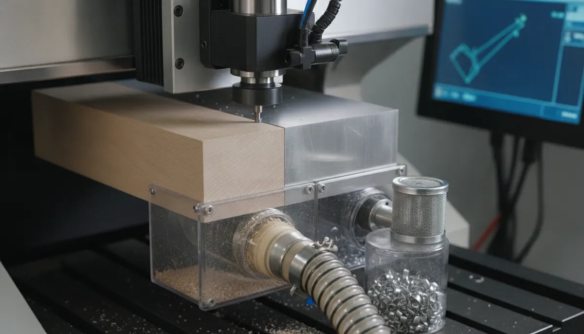 Close-up of QiaoFeng hybrid CNC cutting wood and aluminum simultaneously