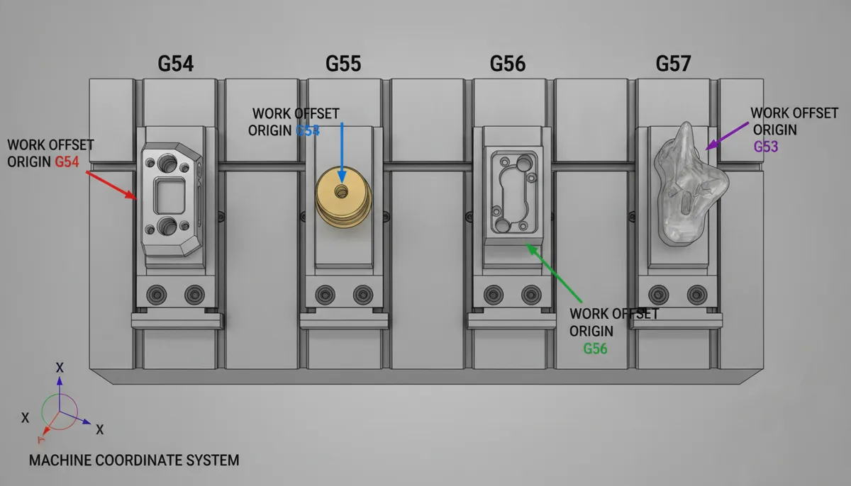 CNC work coordinate diagram with multiple fixture offsets G54 to G57 on machine table