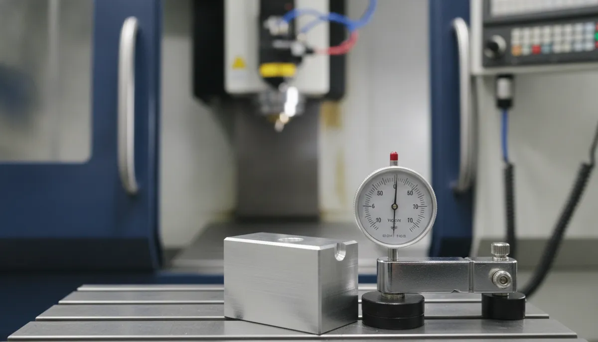 CNC work coordinate setup using dial indicator to measure part zero on machine table