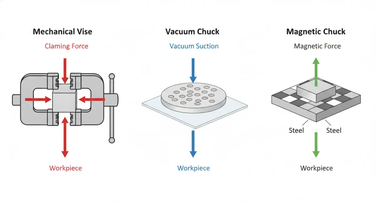 CNC clamping methods diagram showing mechanical vise vacuum and magnetic workholding