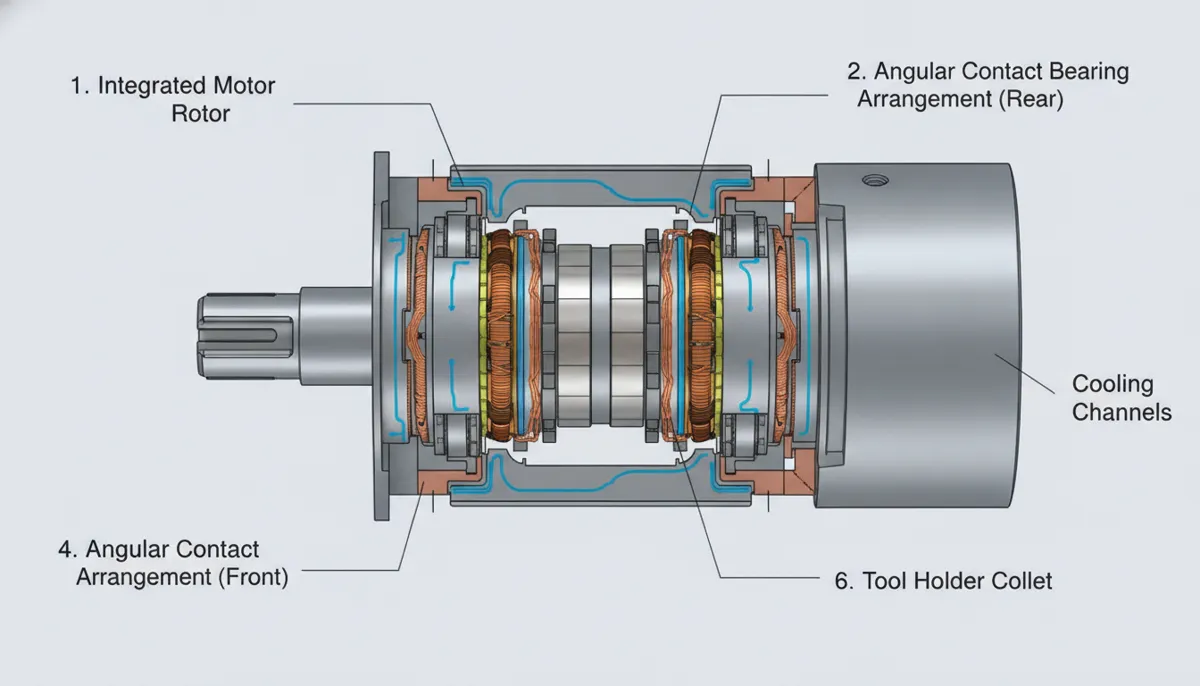QiaoFeng direct drive CNC spindle cutaway diagram with labeled motor and bearing components