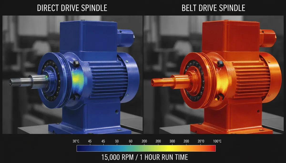 Thermal comparison image of direct drive CNC spindle vs belt drive spindle temperature distribution