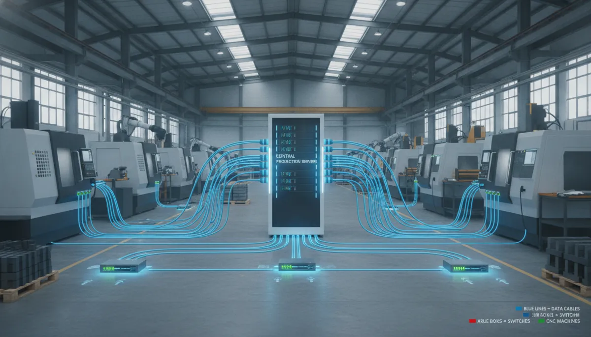 DNC network diagram connecting server to CNC machines