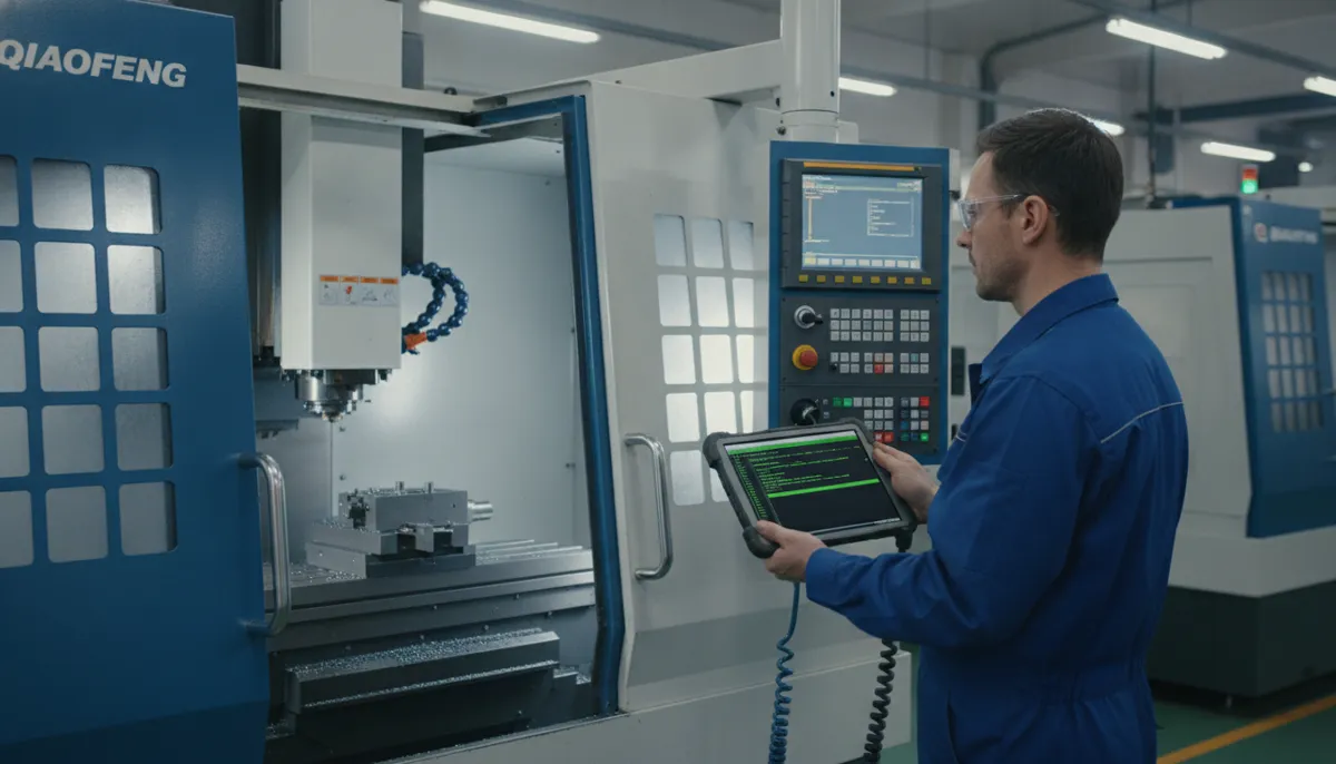 CNC operator reviewing G-code commands on tablet near QFCNCMACHINE