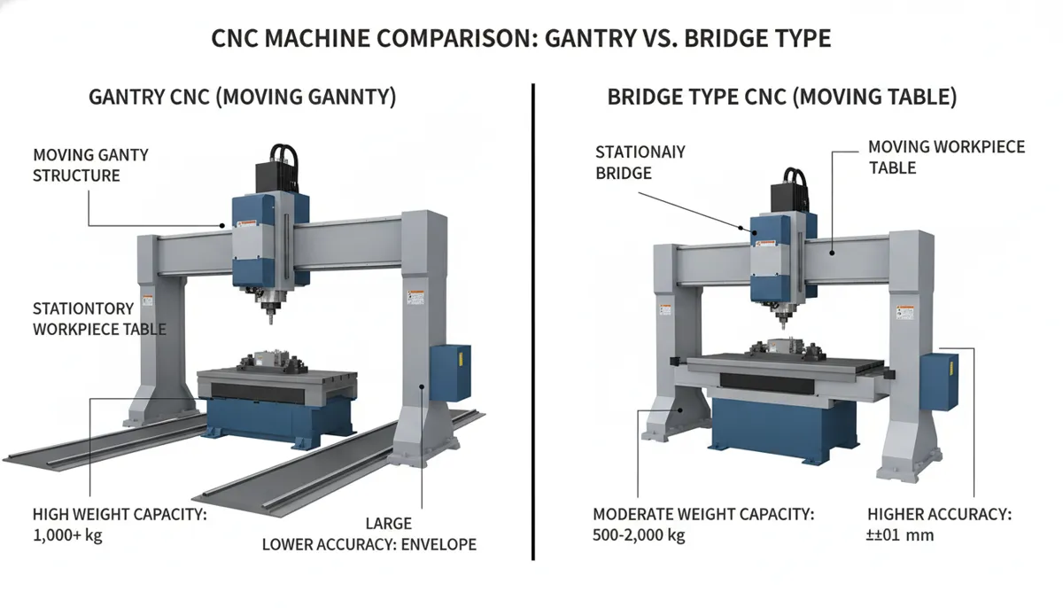 Gantry CNC machine vs bridge CNC comparison diagram showing structural differences