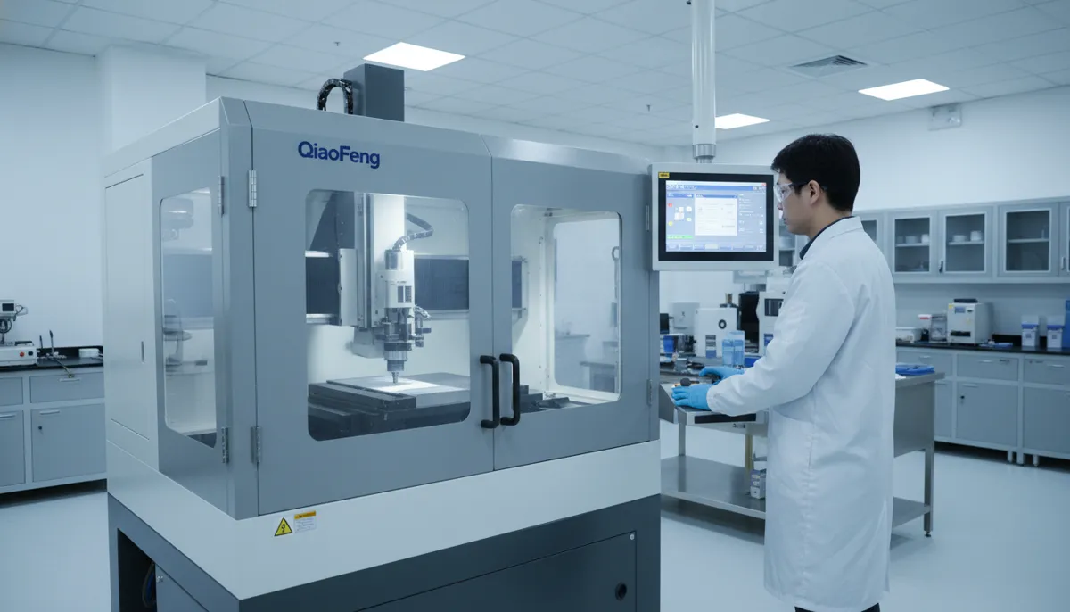 QiaoFeng hybrid CNC machine operation in R&D lab showing DED additive deposition and milling in single setup