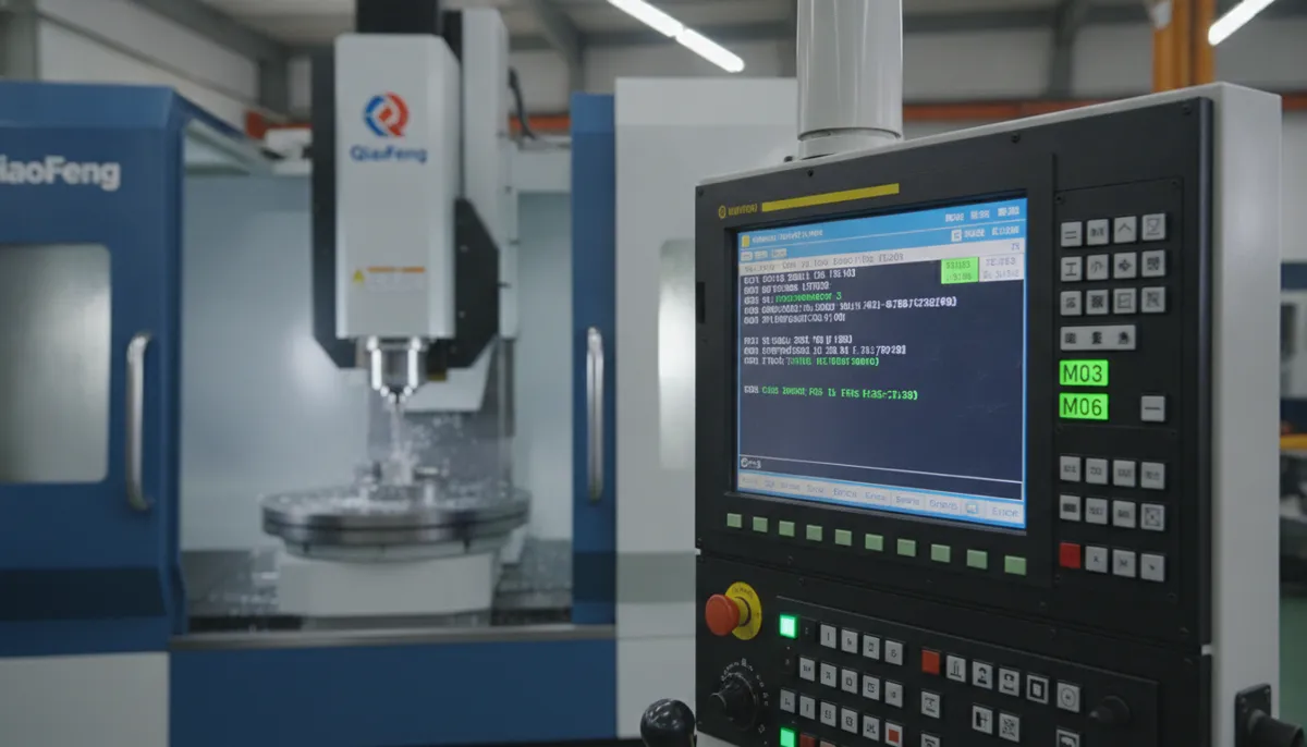 CNC control panel displaying M03 spindle on M06 tool change M30 program end commands