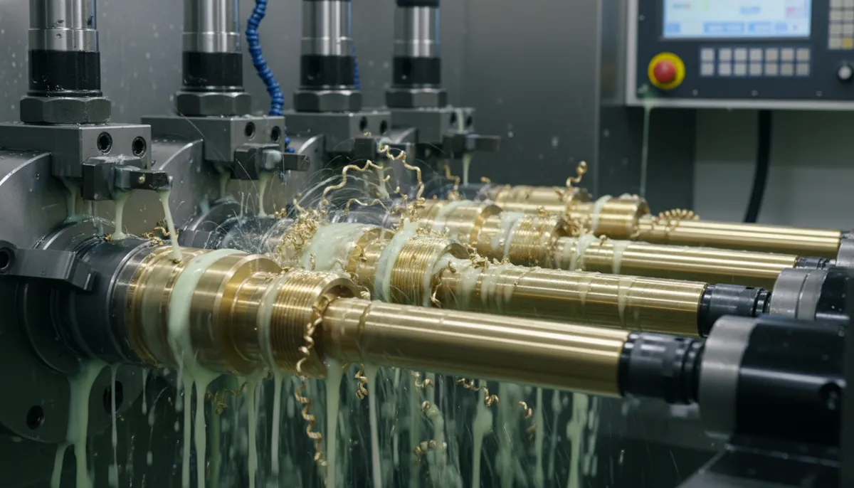 multi-spindle CNC lathe simultaneously cutting multiple brass parts