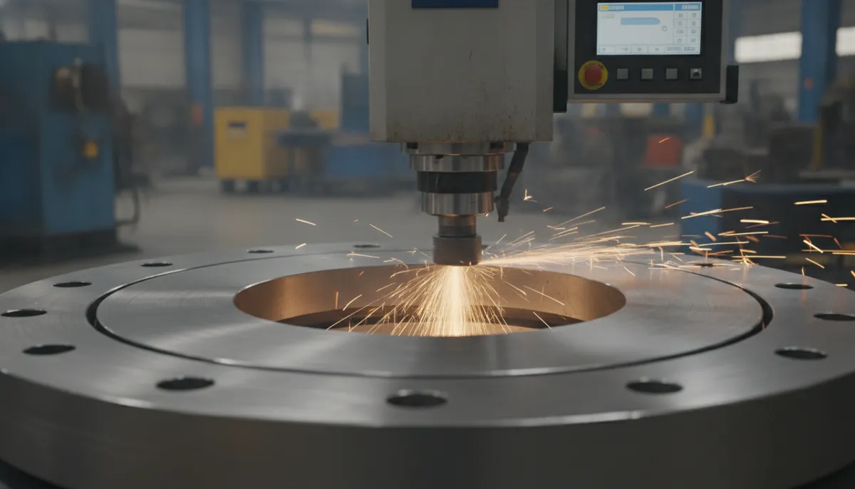portable CNC machine cutting a precision groove on a flange face during on-site maintenance