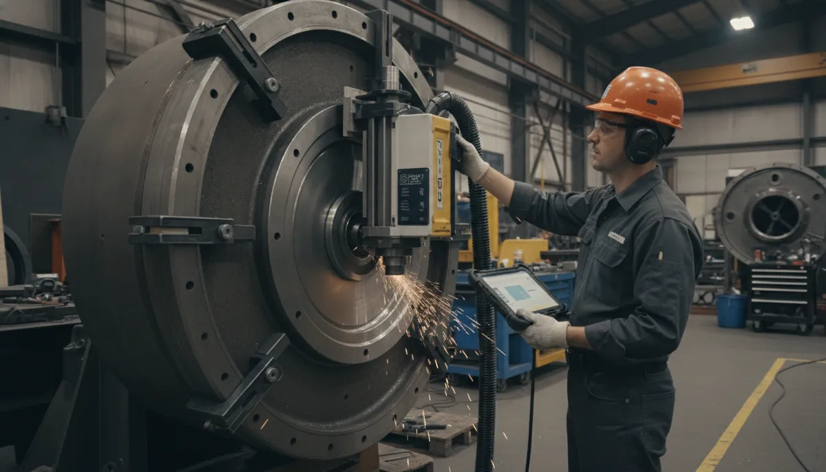 technician operating portable CNC machine with tablet controller on a turbine casing on-site