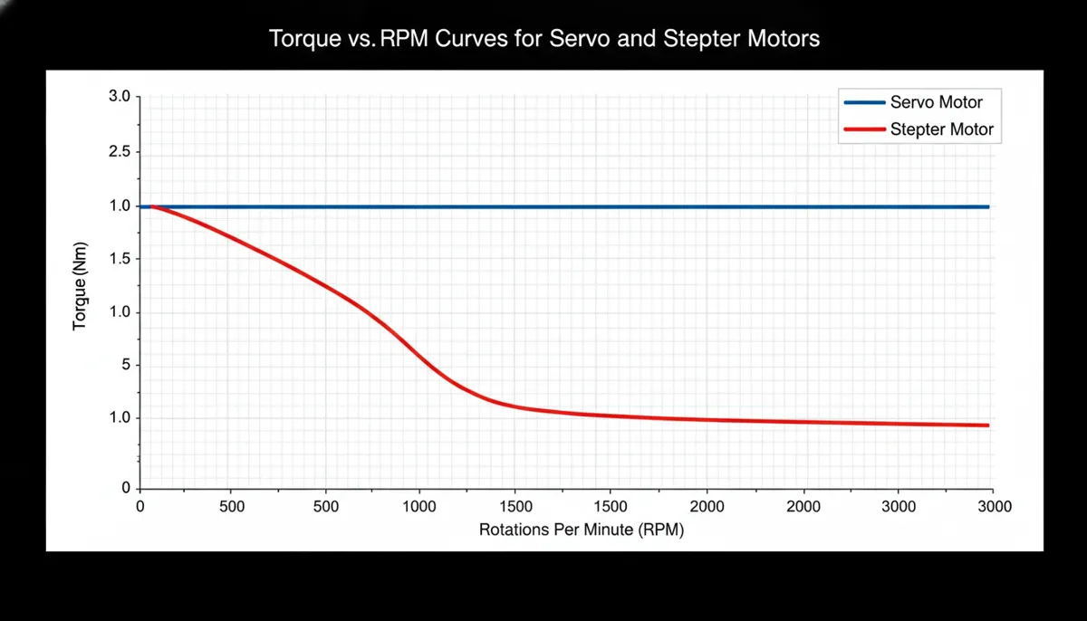 Torque vs RPM performance graph comparing servo motor and stepper motor for CNC routing applications