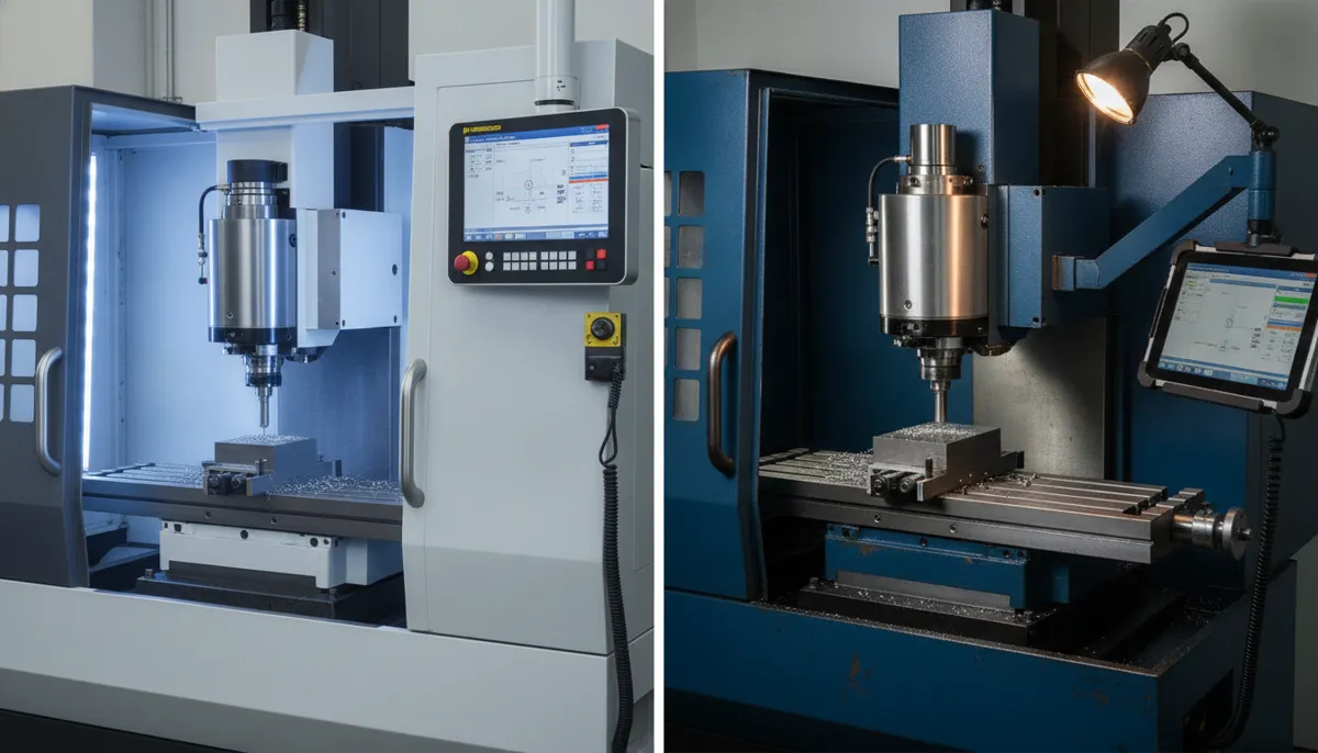 New vs used CNC machine visual comparison showing condition and technology differences