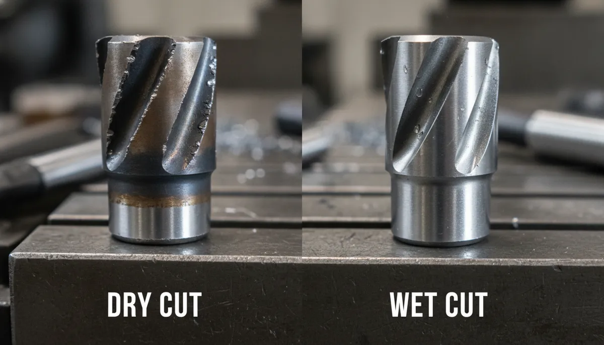wet CNC machining tool wear comparison dry vs wet showing extended tool life with coolant