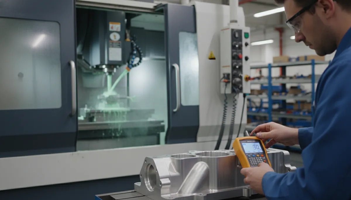 machining technician measuring surface finish of wet CNC machined part with coolant system